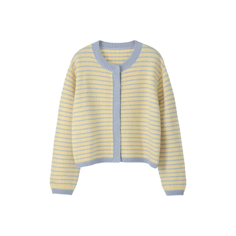 Fstudio Spring Korean Style 100% Sheep Wool Stripes Multicolor Knitwear Inner Layer Versatile Style Women's Yellow-0