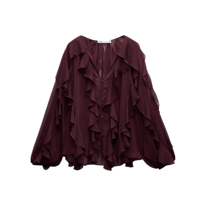 ZARA ZW Series Shirt Women's Burgundy Burgundy-0