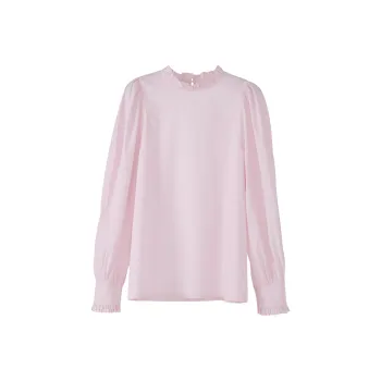 Fstudio Korean Style Commute Pleated Lace Trim Crew Neck Long Sleeved Shirt Women's Pink