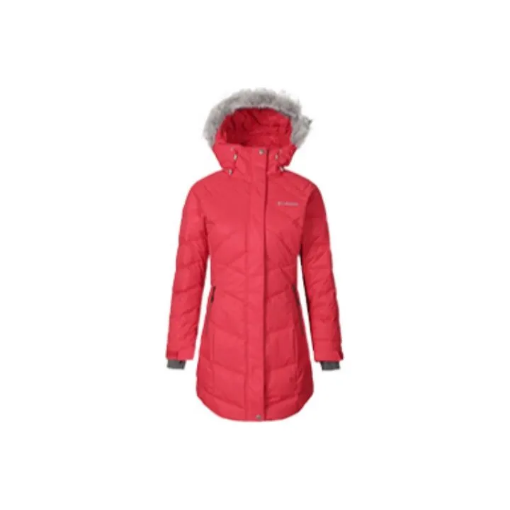 Columbia Solid Color Hooded Fitted Moderate Mid-Length Down Jacket Women's Red-0