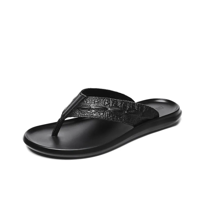 Dunnu Leather Patchwork Flip Flops Men's Black-1
