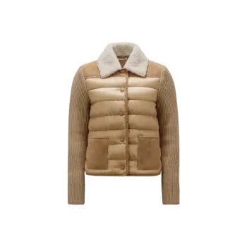 Moncler FW23 Padded Wool & Shearling Cardigan Knitwear Women's Beige