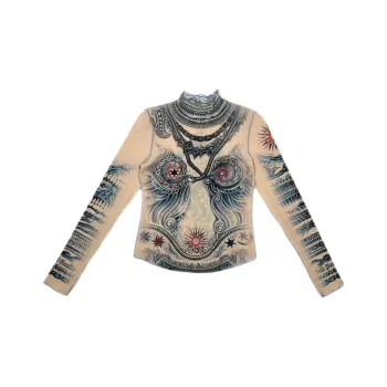 Jean Paul Gaultier Printed Soleil Long-Sleeve High Neck Cropped Top 'Nude/Blue/Red'