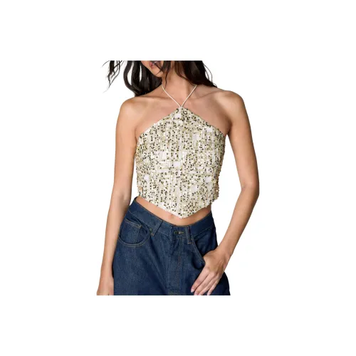 NASTY GAL Check Sequin Halter Neck Crop Top Camisole Women's Gold