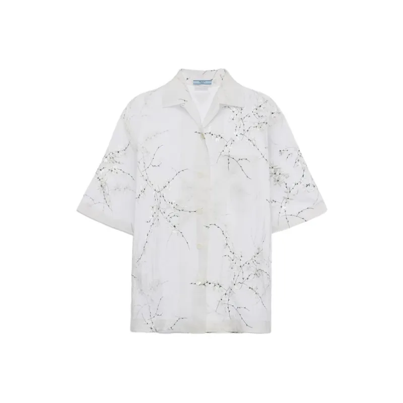 PRADA Floral Embroidered Drop Shoulder Sheer Shirt-0