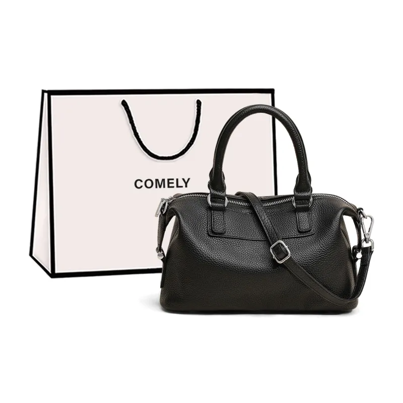 COMELY Cow Leather Handbag Boston Pillow Bag Shoulder Bag, Crossbody Bag Regular Women's Black-0