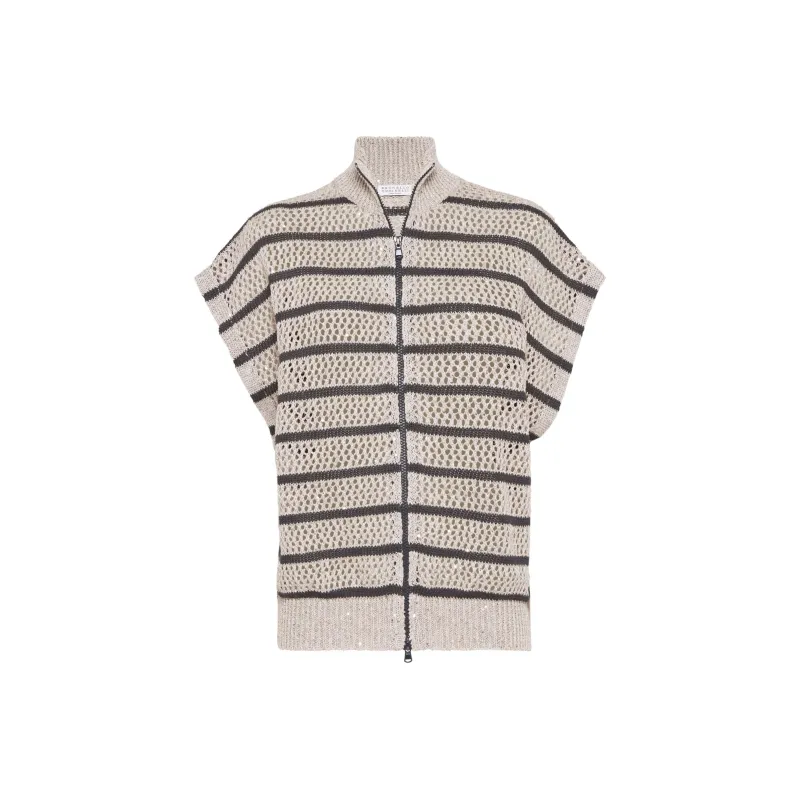 Brunello Cucinelli Striped Zipped Knitted Cardigan-0