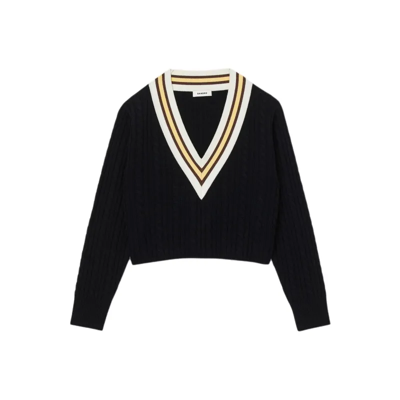 Sandro Contrast V Neck Jumper Knitwear Women's Black-0