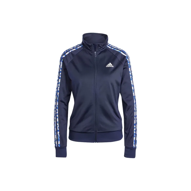 Adidas Essentials Animal Print Tricot 3-Stripes Track Jacket Jackets Coats Women's Marine Blue-0