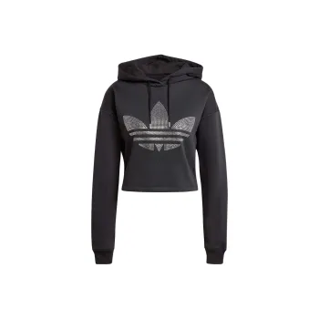 Adidas Originals Rhinestone Trefoil Loose Crop Hoodie Black