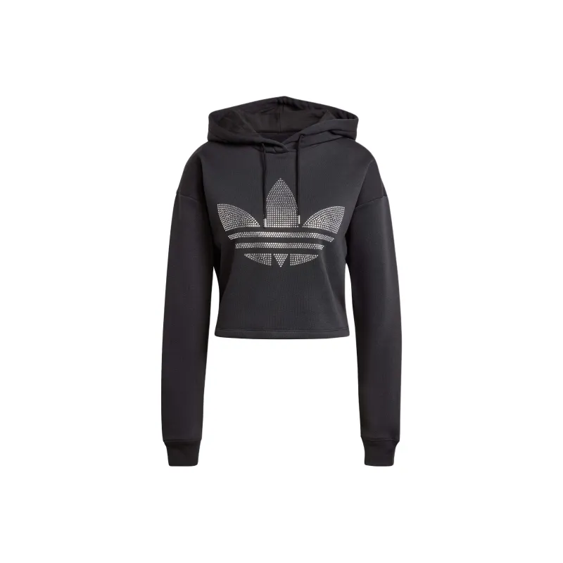 Adidas Originals Rhinestone Trefoil Loose Crop Hoodie Black-0