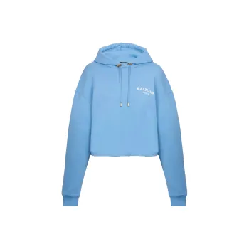 BALMAIN Flock Detail Cropped Hoodie 'Pale Blue/Natural'