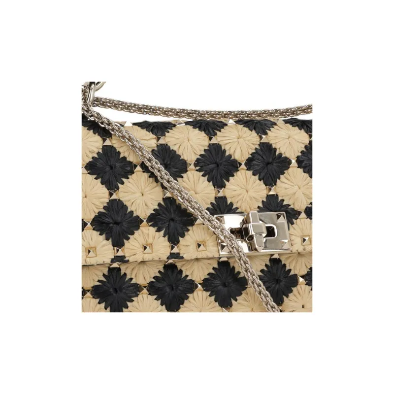 Valentino ROCKSTUD SPIKE Raffia One Shoulder Handbag Medium Size Women's Khaki & Black-2