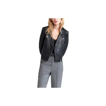 IKKS PARIS Blouson Noir Cuir D'agneau Femme Jackets Coats Women's Black