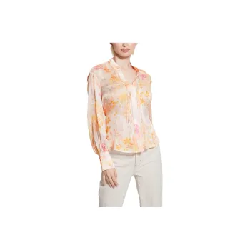 GUESS Chiffon Long Sleeve Top Shirt Women's Orange Red
