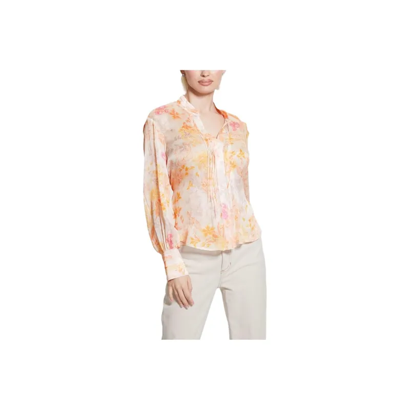 GUESS Chiffon Long Sleeve Top Shirt Women's Orange Red-0