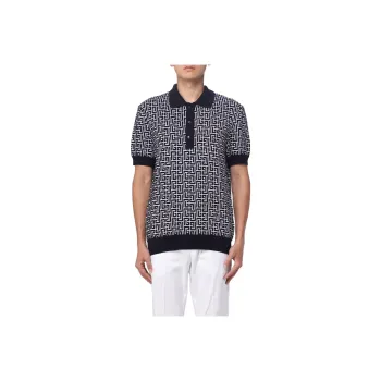 BALMAIN Monogram Printed Knitted Polo Shirt
