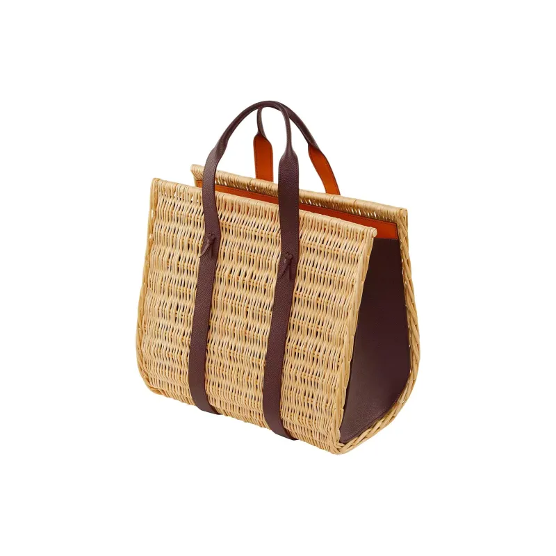 HERMES Wicker With Calfskin Tote Bag, Shopping Bag, Handbag Extra Large Women's Natural & Red Brown-1
