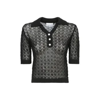 GANNI Pointelle Knit Short Sleeve Polo Top