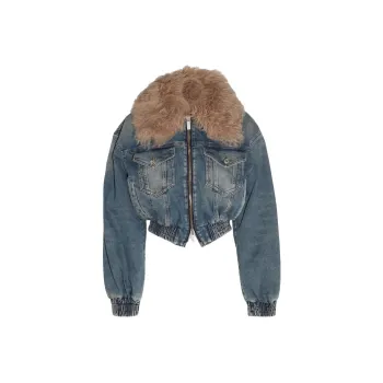 Blumarine Oversized Collar Zip Up Cropped Denim Jacket