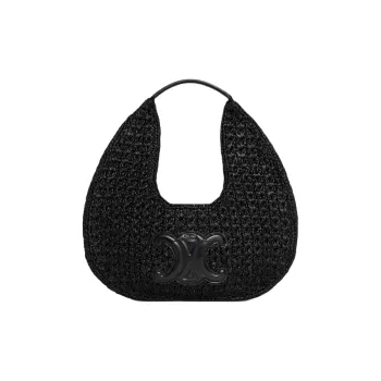 CELINE Classic Panier Series Plant Material With Cow Leather Hobo Bag, Handbag Women's Black