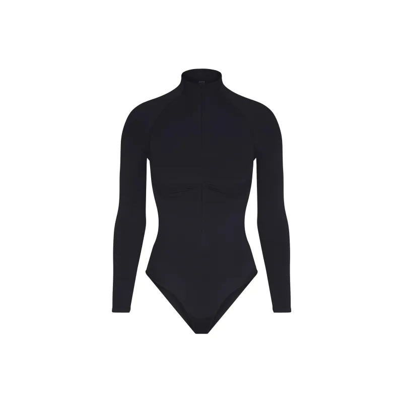 SKIMS SEAMLESS SCULPT ZIP FRONT LONG SLEEVE THONG BODYSUIT Bodysuits Women's ONYX/Onyx-0
