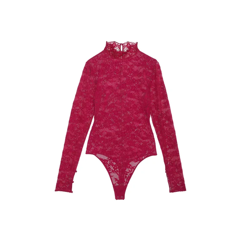 Victoria's Secret Very Sexy Lace Long-Sleeve Bodysu / CAMPARI RED Bodysuits Women's Gin Balin Red-0