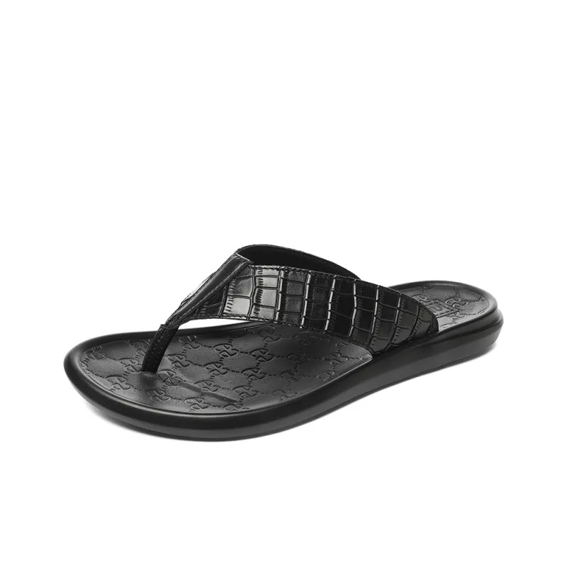 Dunnu Rubber Sole Leather Patchwork Quiet Flip Flops Men's Black-2