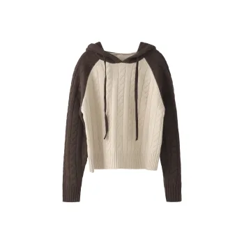 Fstudio Korean Style Fall And Winter Petite Patchwork Hooded Commute 100 Wool Knitwear Women's Coffee