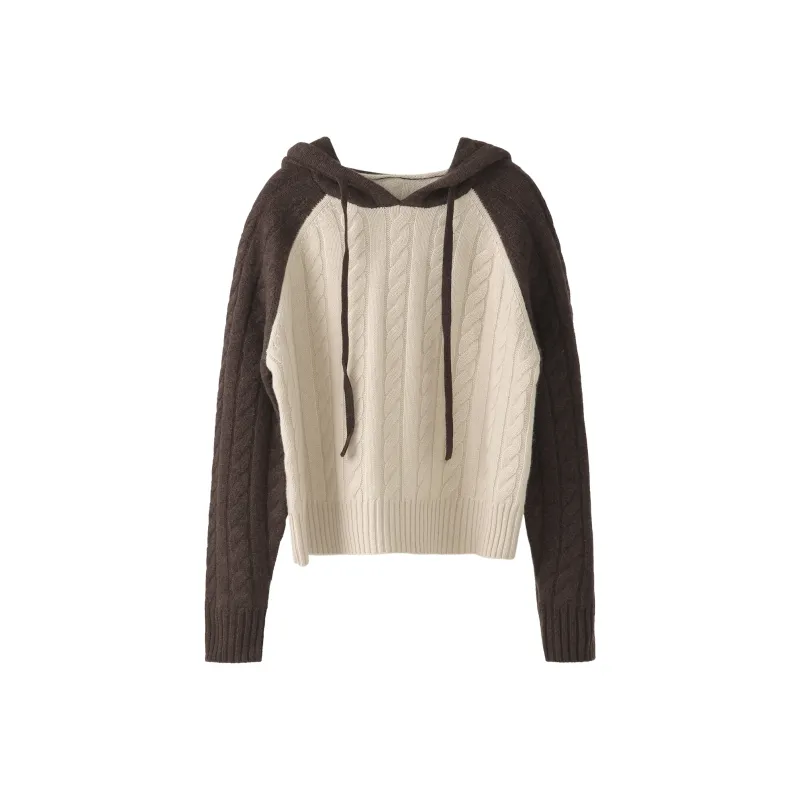 Fstudio Korean Style Fall And Winter Petite Patchwork Hooded Commute 100 Wool Knitwear Women's Coffee-0