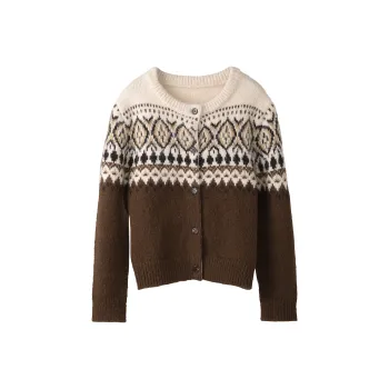 Fstudio Korean Petite Relaxed Crew Neck Design Knitted Fabric Cardigan Women's Camel