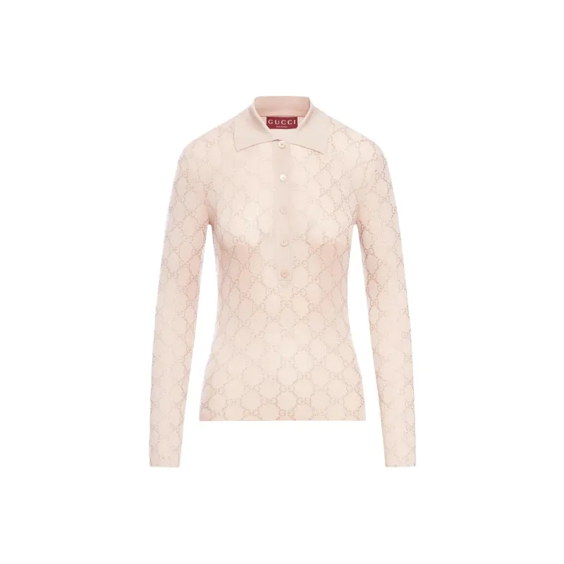 GUCCI Wool Polo Top With Rhinstones 'Nude'-0