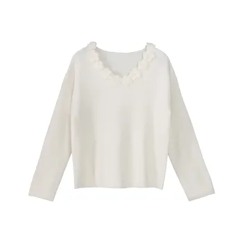 Fstudio Korean Style Laid Back Solid Color Commute Floral Base Sweater Inner Layer Women's White