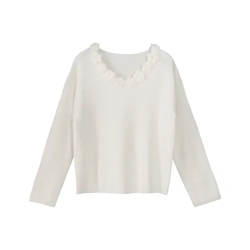Fstudio Korean Style Laid Back Solid Color Commute Floral Base Sweater Inner Layer Women's White