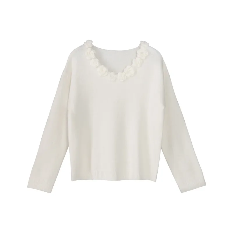 Fstudio Korean Style Laid Back Solid Color Commute Floral Base Sweater Inner Layer Women's White-0