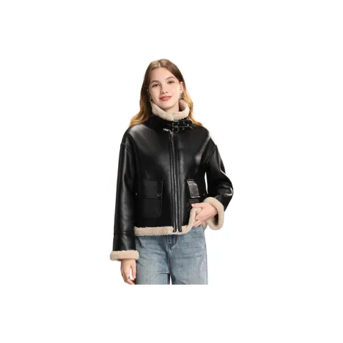 FENHONGMALI Jackets Coats Women's Tea Brown/Black