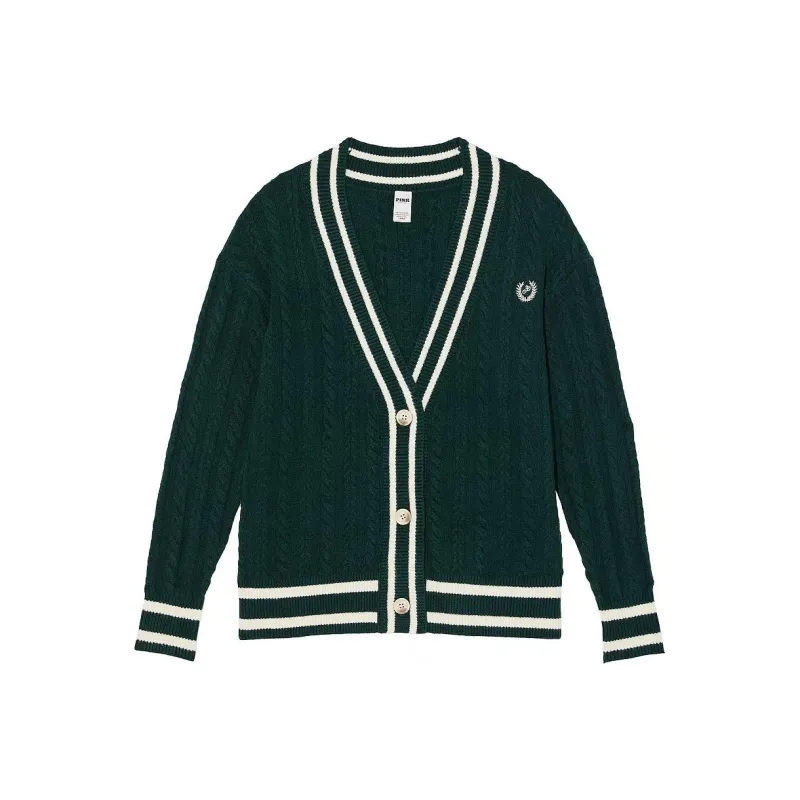 Victoria's Secret PINK Collegiate Cable Knit Oversized Cardigan/Deep Forest Knitwear Women's Deep Forest-0