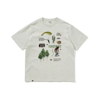 714STREET Print Crew Neck Pullover Short Sleeved T Shirts 100% Cotton Unisex Heather Gray