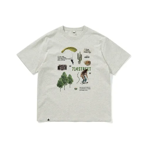 714STREET Print Crew Neck Pullover Short Sleeved T Shirts 100% Cotton Unisex Heather Gray
