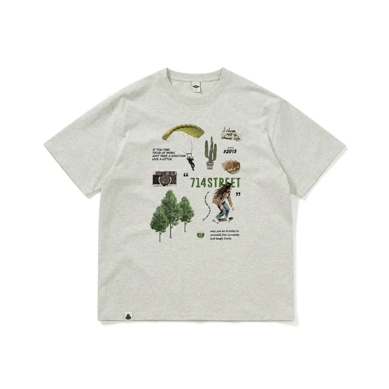 714STREET Print Crew Neck Pullover Short Sleeved T Shirts 100% Cotton Unisex Heather Gray-0