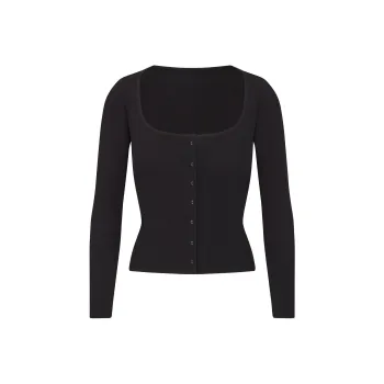 SKIMS Fake Day Collection FW24 COTTON RIB LONG SLEEVE BUTTON UP Knitwear Women's SOOT/Smoke Gray