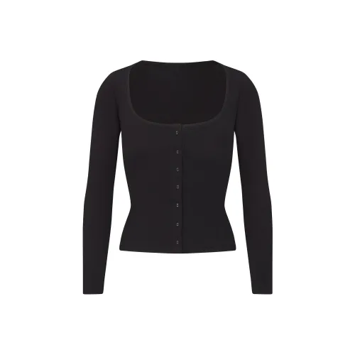SKIMS Fake Day Collection FW24 COTTON RIB LONG SLEEVE BUTTON UP Knitwear Women's SOOT/Smoke Gray