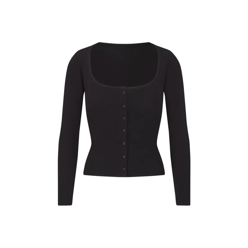 SKIMS Fake Day Collection FW24 COTTON RIB LONG SLEEVE BUTTON UP Knitwear Women's SOOT/Smoke Gray-0