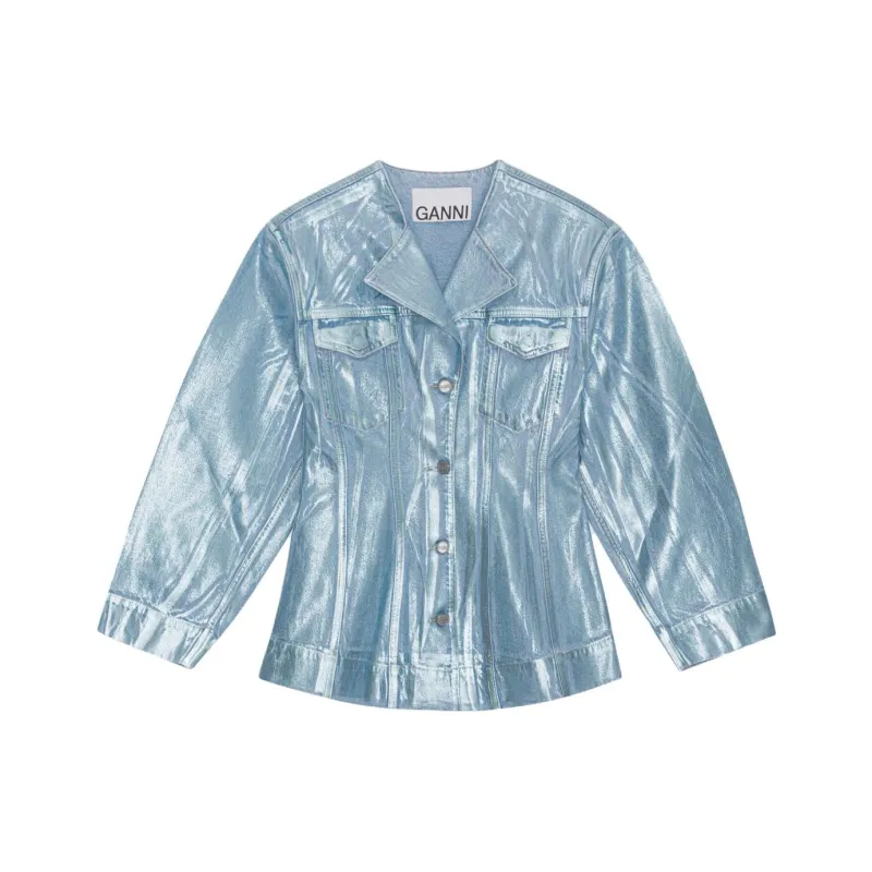 GANNI Foil Denim Fitted Blazer 'Heather'-0