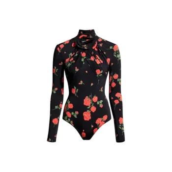 H&M X Magda Butrym Rose Appliqued Wrapover Bodysuit Black/Roses