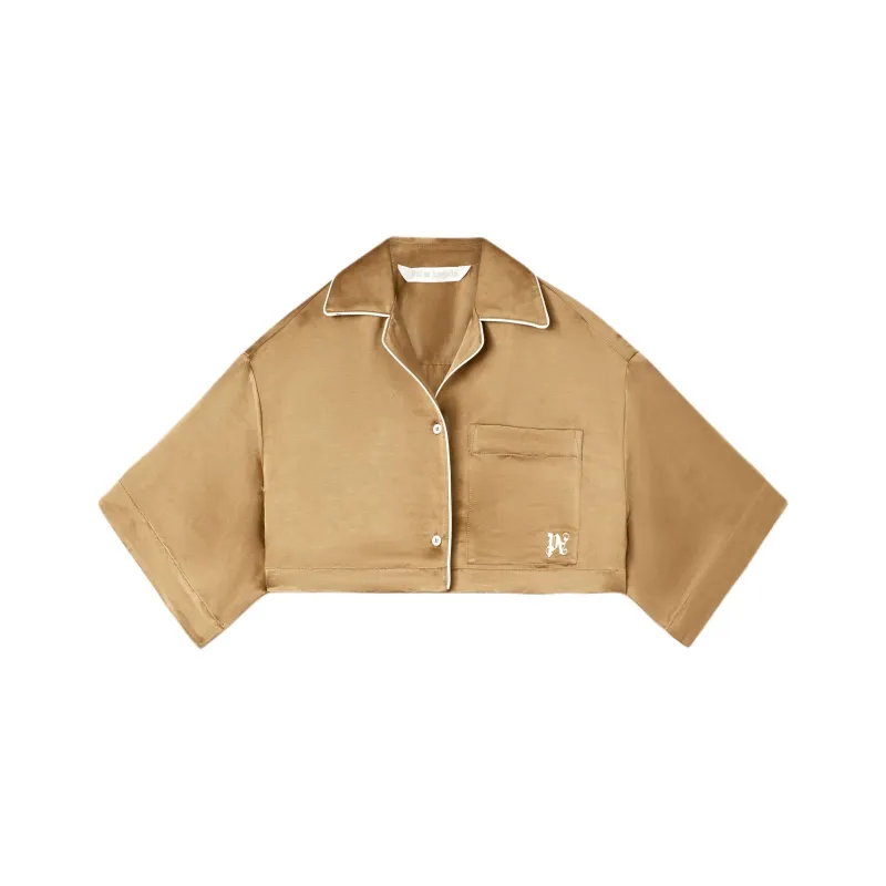 PALM ANGELS Monogram-embroidered Satin Cropped Shirt-0