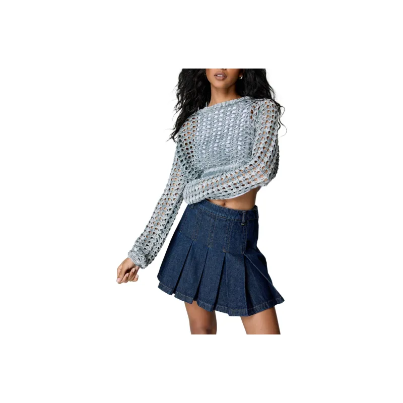 NASTY GAL Open Knit Cropped Jumper Knitwear Women's Gray-0