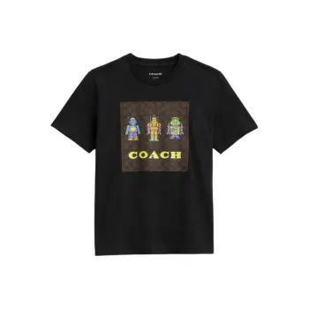 COACH Robot Print Letter Logo Short Sleeved Regular T Shirt Women's Black
