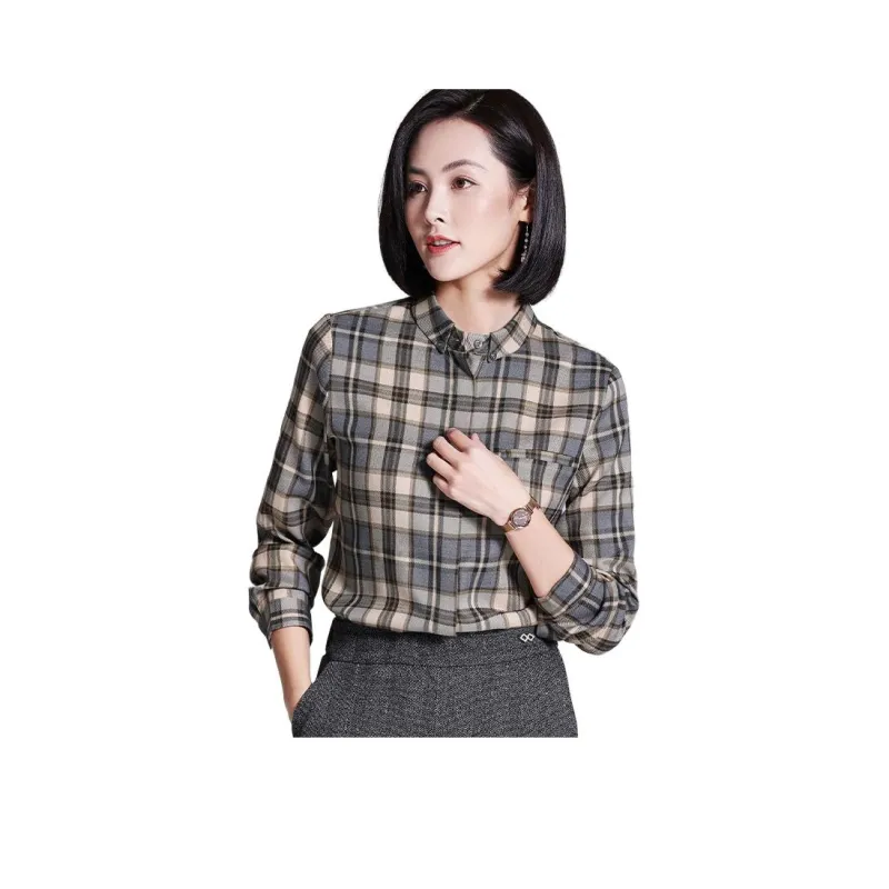 Lucybaily Shirt Women's Gray Coffee Plaid-0