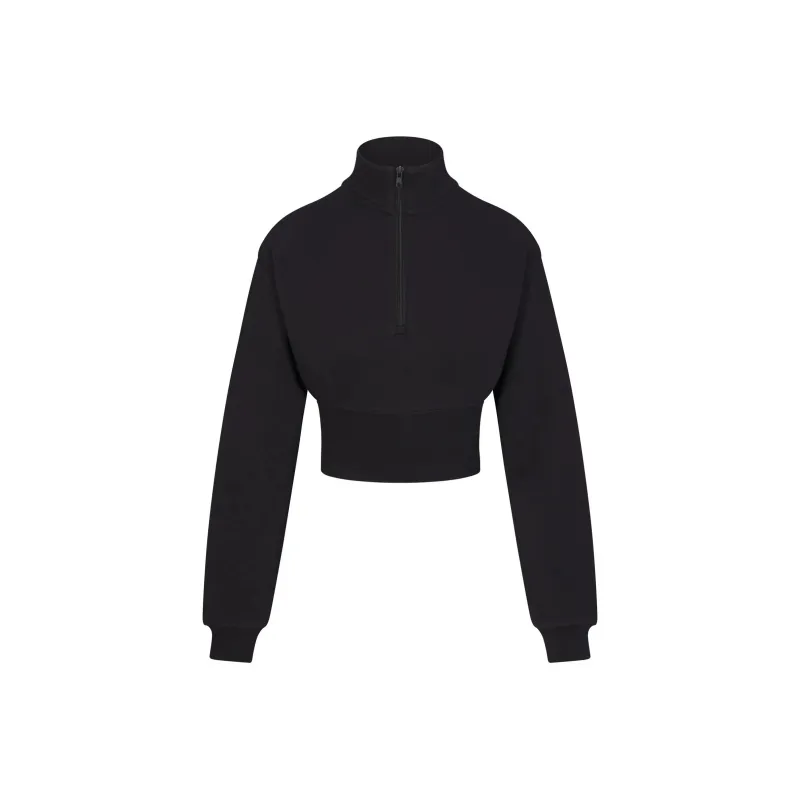 SKIMS COTTON FLEECE CROPPED HALF ZIP PULLOVER Sweatshirt Women's ONYX/Onyx-0